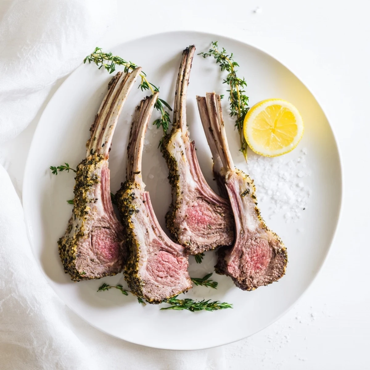 An elegant roasted rack of lamb with herbs, golden-brown and succulent, presented on a wooden board with flaky sea salt and a drizzle of olive oil.