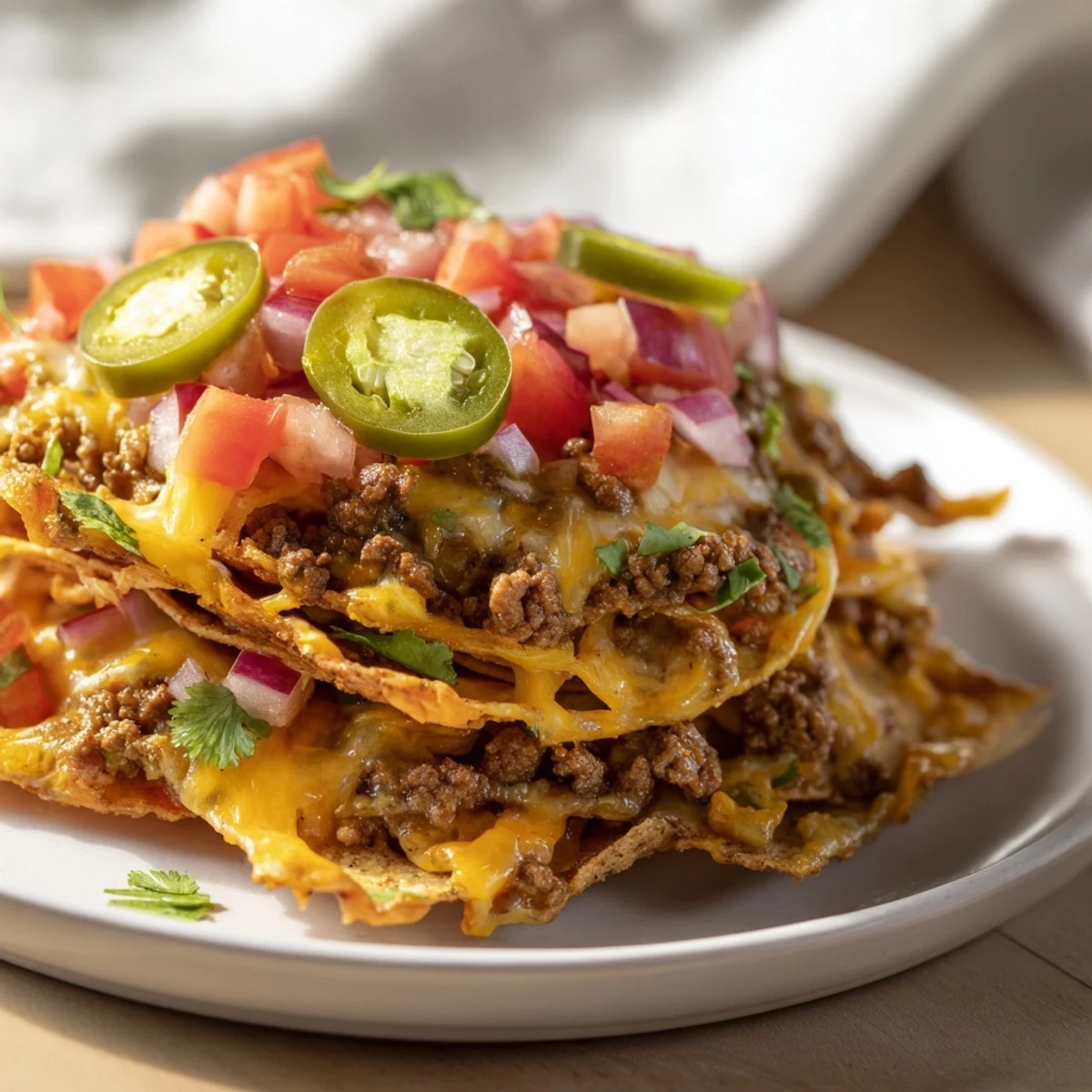 Crispy tortilla chips loaded with seasoned ground beef and melted cheddar cheese for a classic Nacho Platter appetizer.