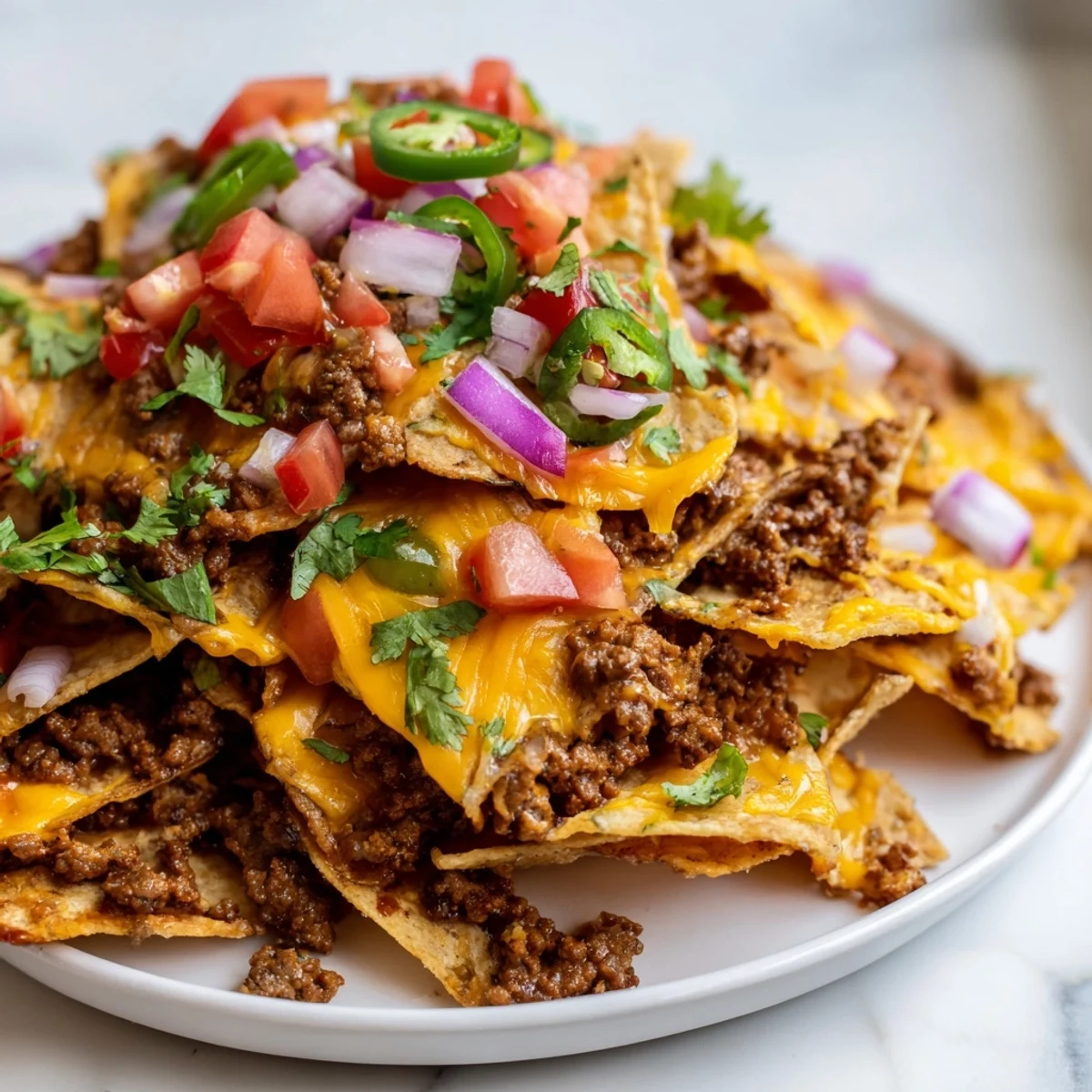 Golden baked Nacho Platter with ground beef and cheese, garnished with diced tomatoes and cilantro for a festive party.