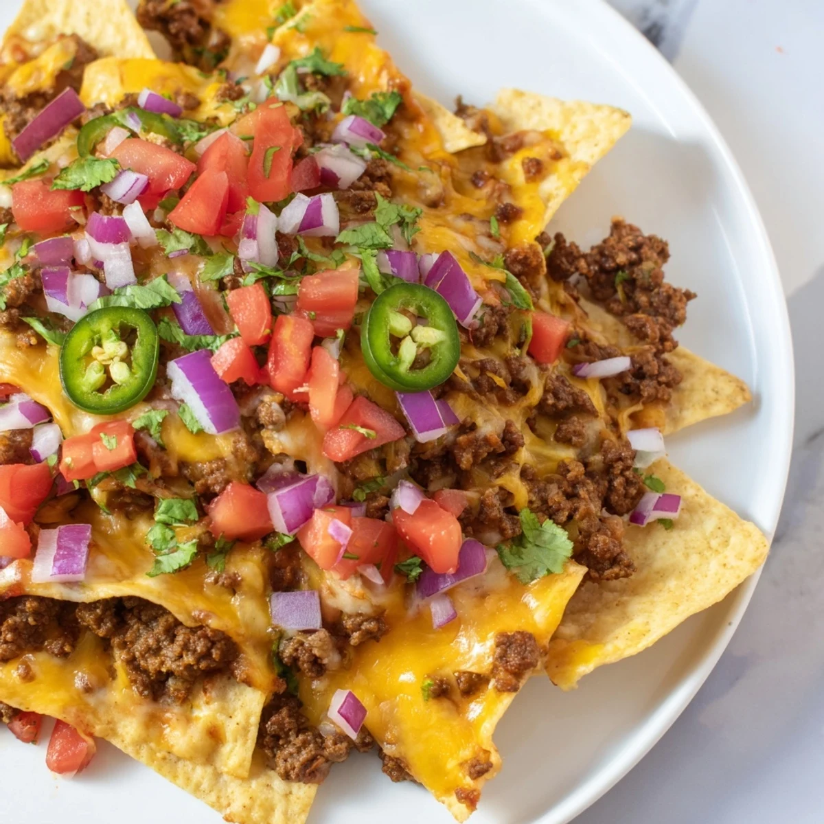 A close-up of Nacho Platter with fresh jalapeños, sour cream, and guacamole, served hot for a game day gathering.