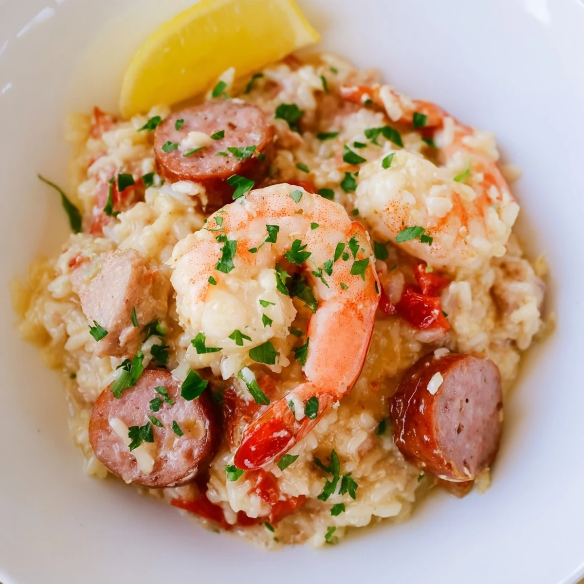 A close-up of creamy Creole Jambalaya Risotto with plump pink shrimp, andouille sausage, and vibrant diced bell peppers and tomatoes.