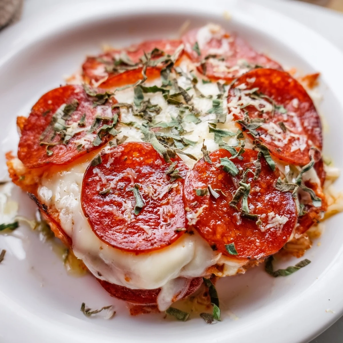 Freshly baked Pepperoni Pizza Dip bubbles with melted mozzarella and Parmesan, topped with savory beef pepperoni and a sprinkle of fresh basil, served alongside crusty breadsticks for dipping.