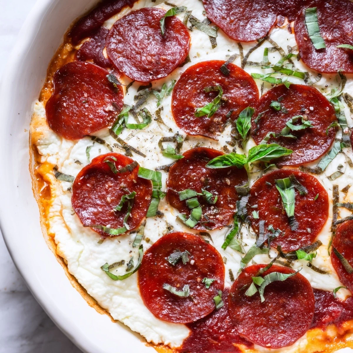 Close-up view of a warm Pepperoni Pizza Dip, showcasing gooey cheese layers, zesty red sauce, and crispy beef pepperoni slices, perfect for a game-day appetizer spread.