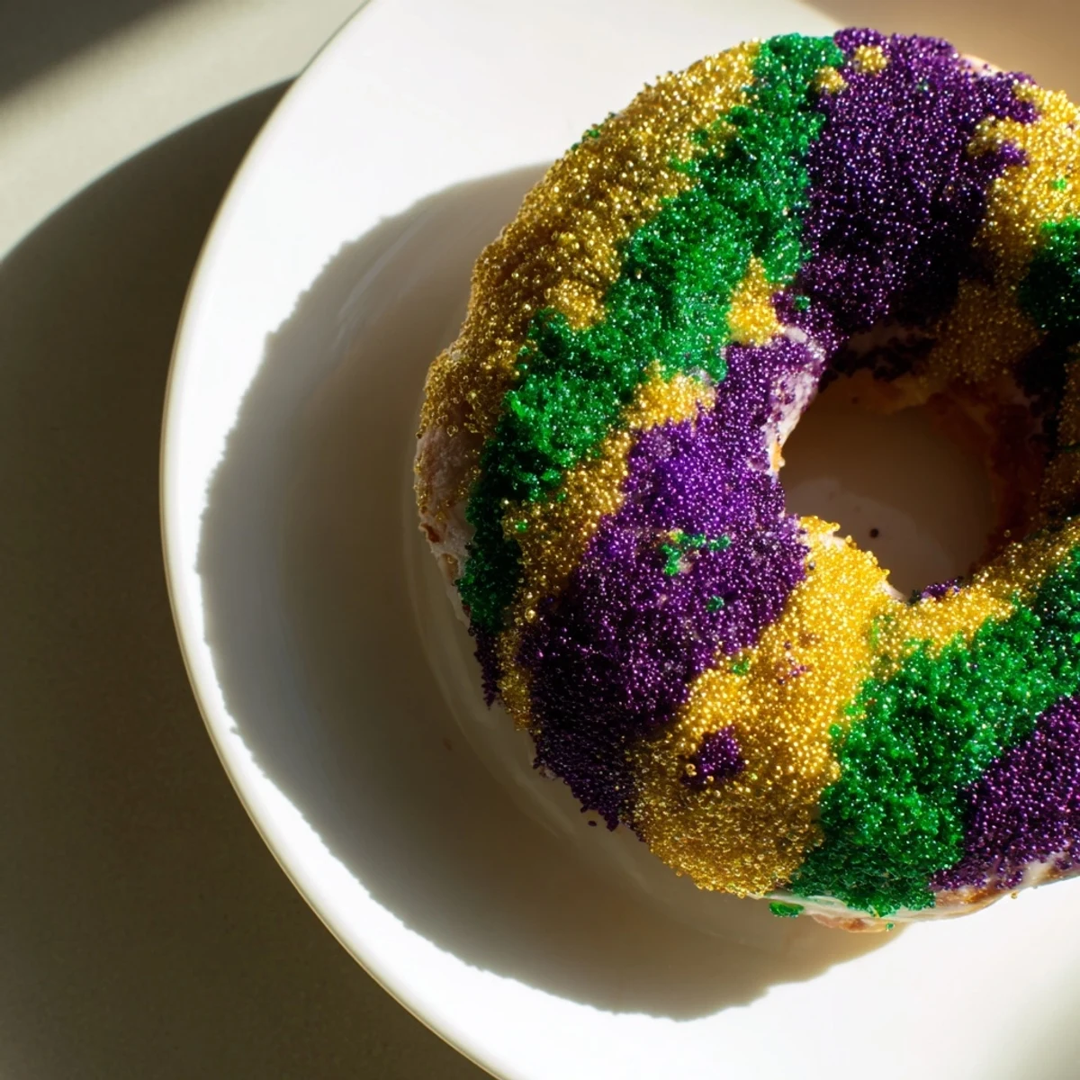 Golden-brown Mardi Gras donuts, dusted with purple, green, and gold colored sugar, ready to serve.