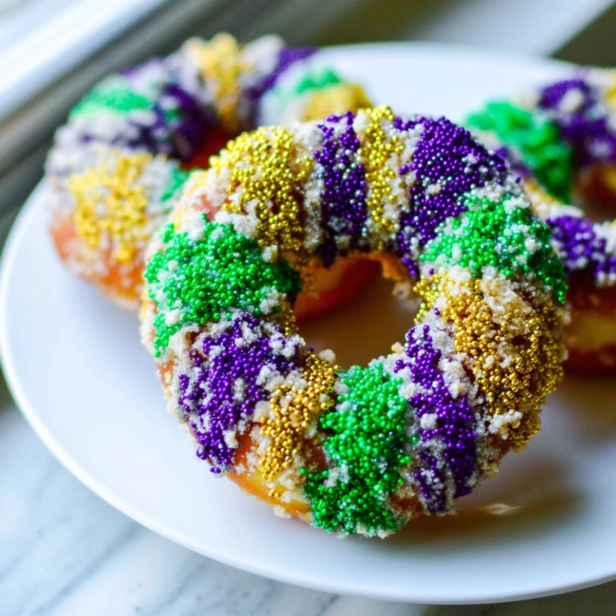 Freshly fried Mardi Gras donuts glistening with butter and vibrant colored sugar for Carnival.