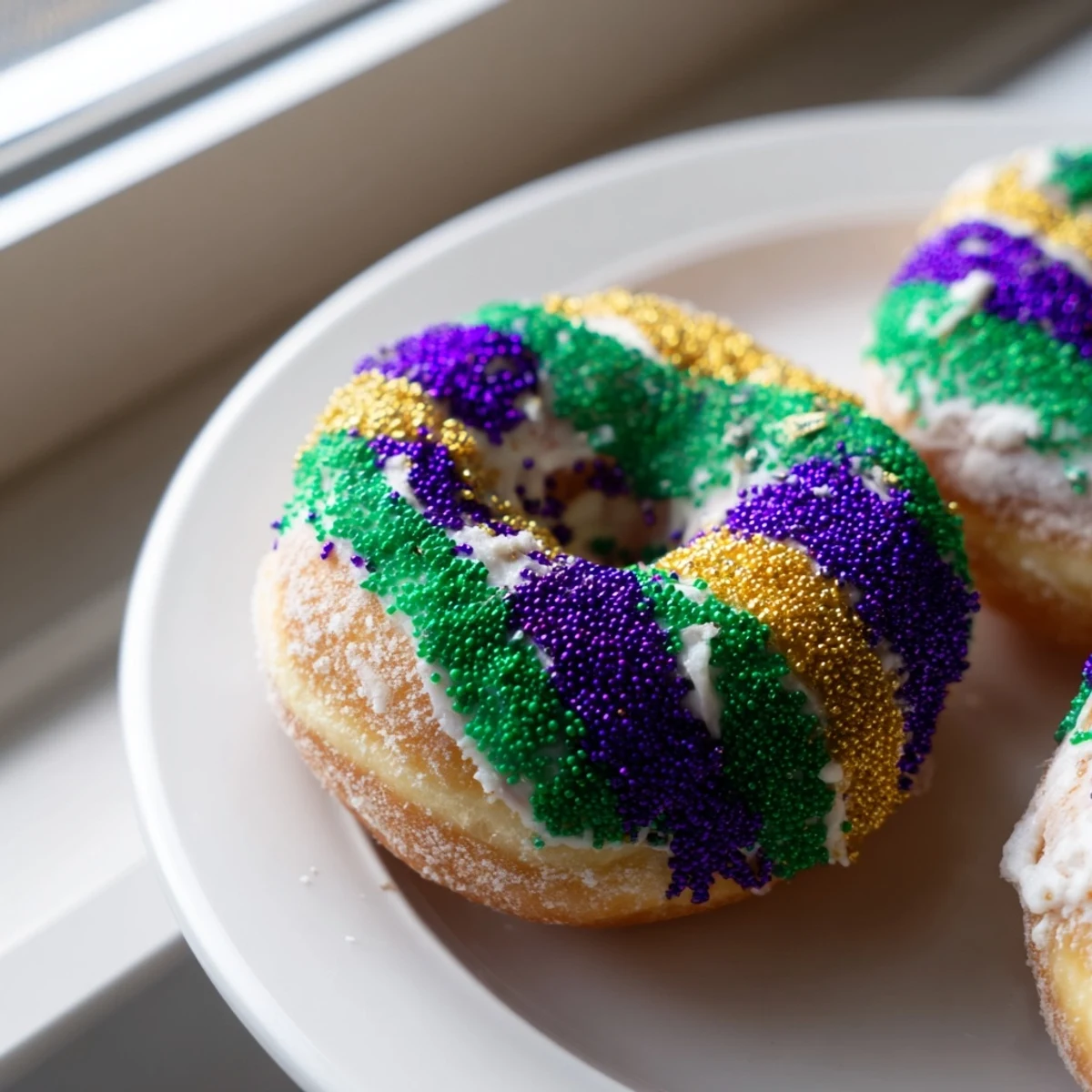 Fluffy yeast-raised Mardi Gras donuts topped with festive sugar in classic New Orleans colors.