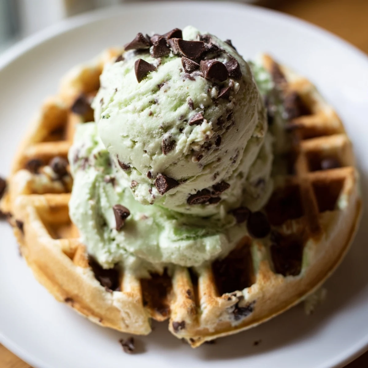 Golden brown crispy waffle topped with creamy mint chocolate chip ice cream melting slightly, served with extra chocolate chips and fresh mint leaves.