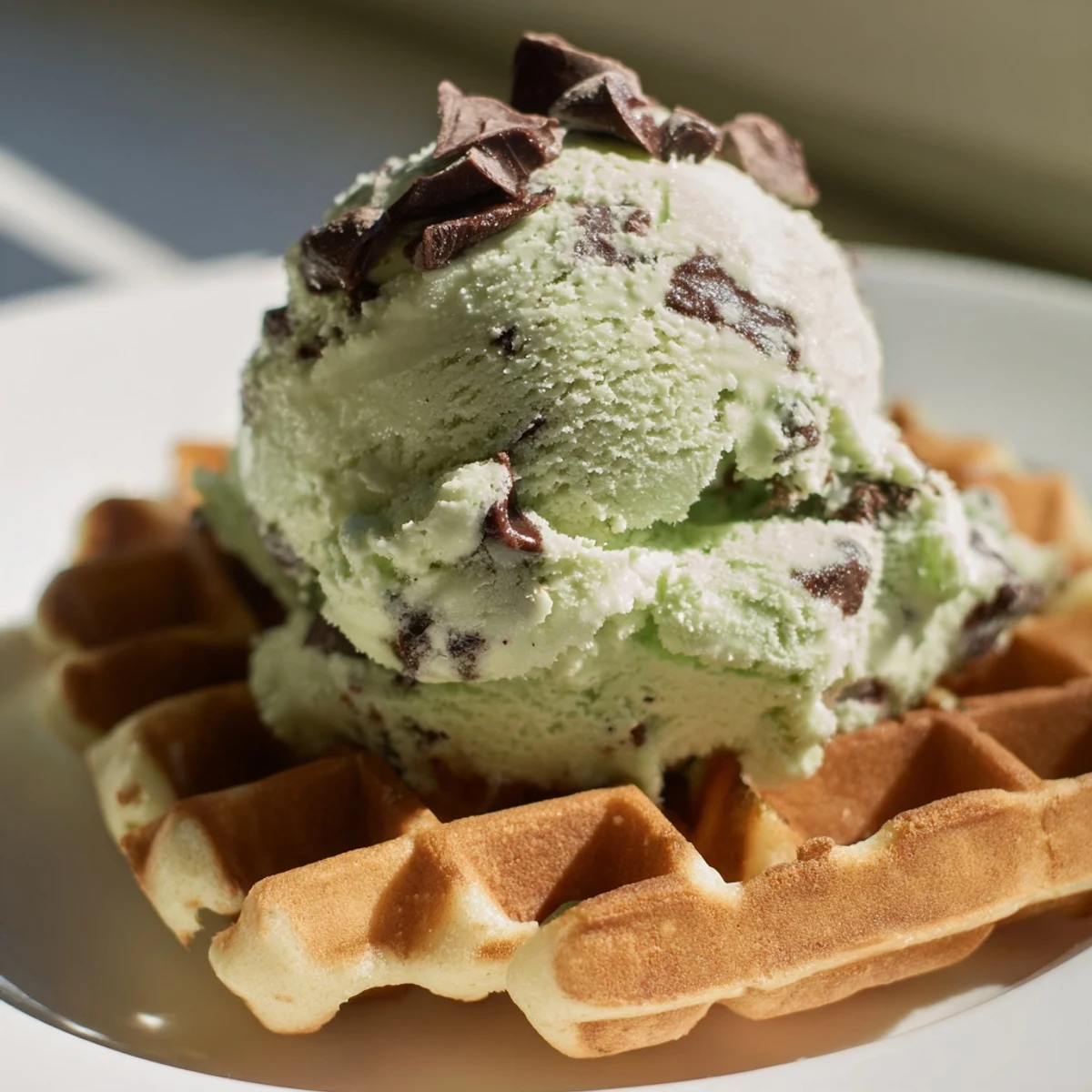A close view of a delicious mint chocolate chip ice cream dessert on a waffle, highlighting green hues and rich chocolate pieces.