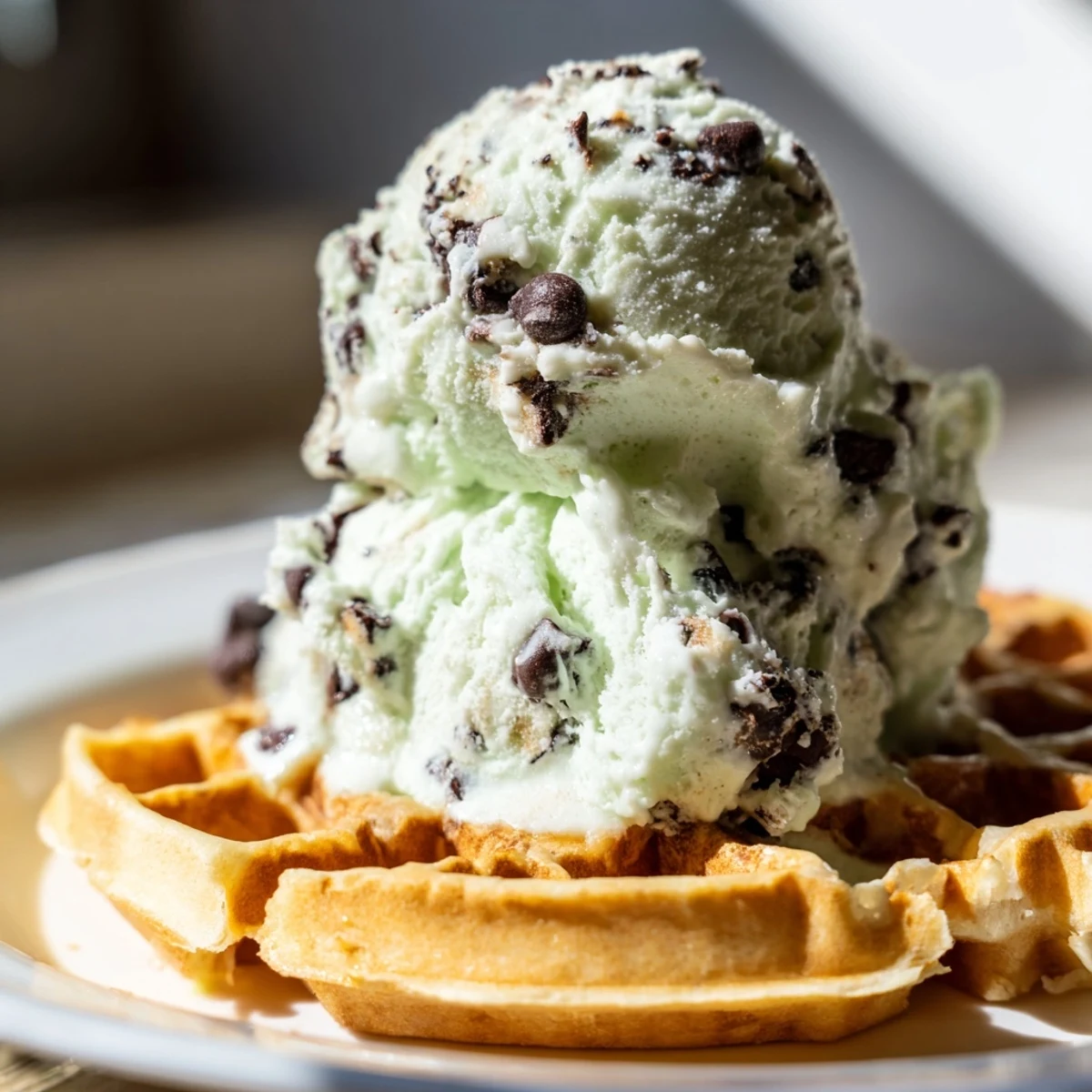 Homemade mint chocolate chip ice cream scoops resting on a warm waffle, offering a delightful contrast of cool creaminess and crisp texture.