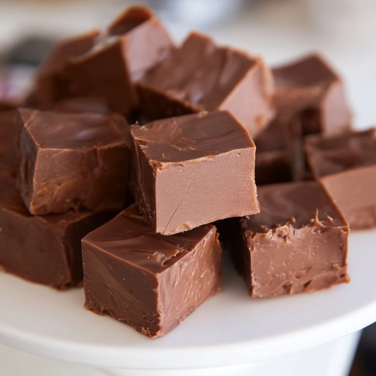 Freshly cut Irish Cream Fudge pieces arranged on a white plate, showcasing a rich, velvety texture.  