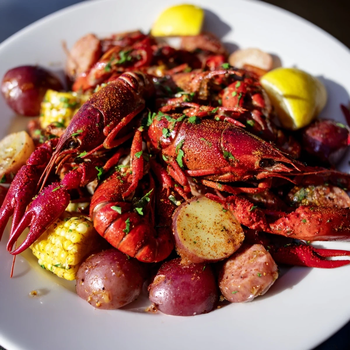 Steaming Louisiana Style Crawfish Boil with red potatoes, corn on the cob, andouille sausage, and lemon halves in a savory broth, served on a platter.