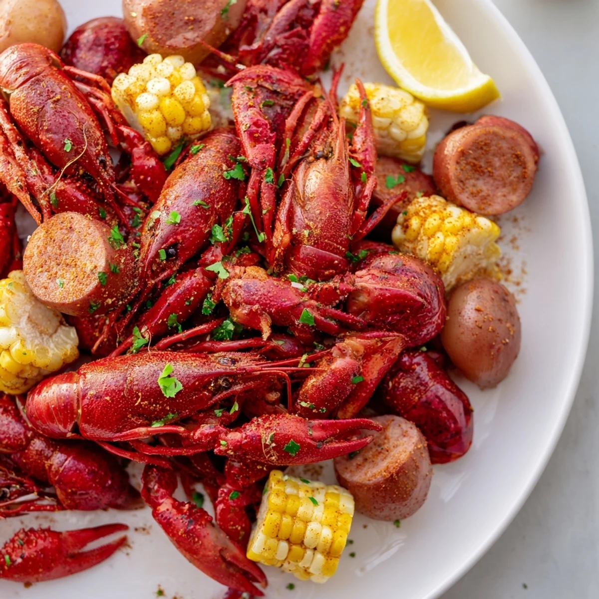 Heaping pile of Louisiana Style Crawfish Boil featuring mudbugs, tender potatoes, sweet corn, and smoked sausage, ready to be enjoyed with melted butter and extra spice.