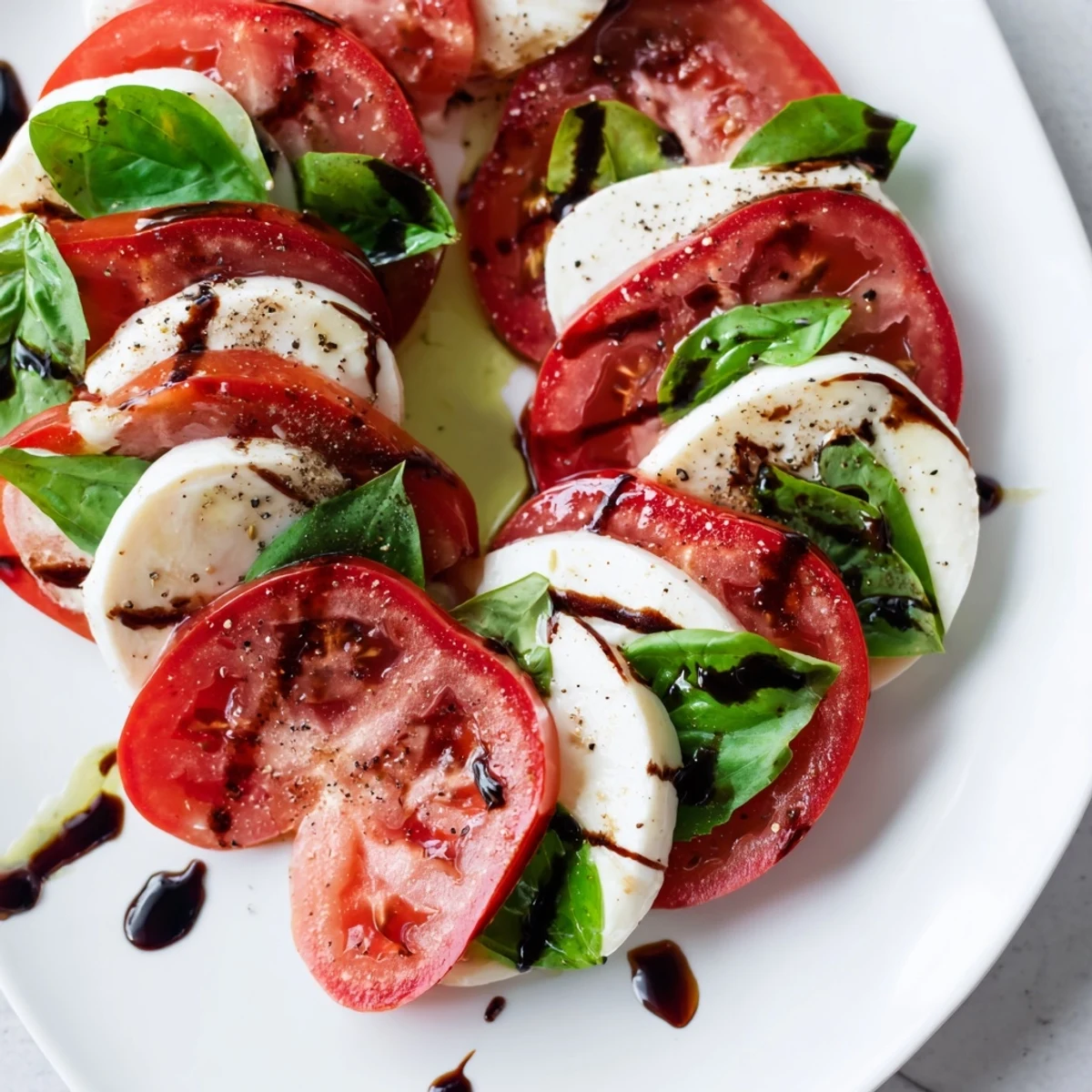 Vibrant heart-shaped mozzarella and ripe tomato slices on a white platter, drizzled with sticky balsamic glaze and fresh basil leaves.  
