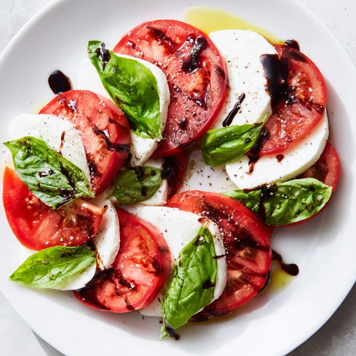 Close-up of Heart Caprese Salad, showing juicy tomatoes, creamy mozzarella hearts, and a glossy balsamic glaze drizzle.