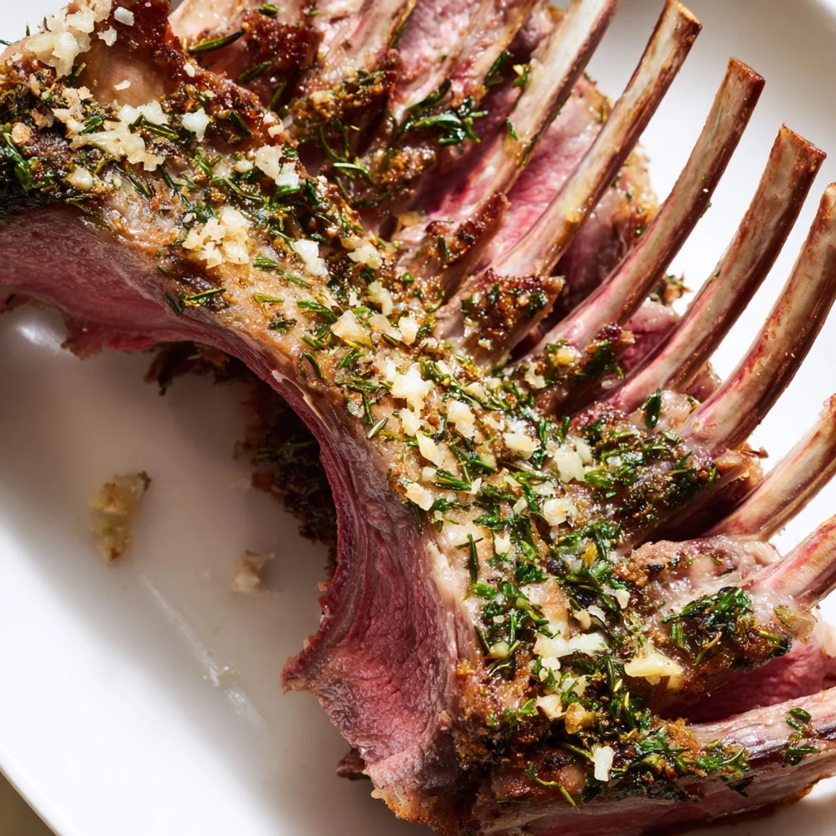 Herb-crusted rack of lamb roasted golden and sliced, perfect for an elegant dinner.