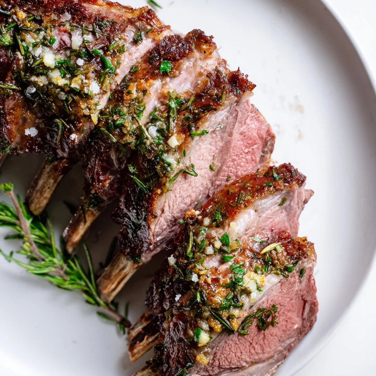 Fragrant rosemary and garlic-infused lamb rack resting before a flavorful French-inspired meal.