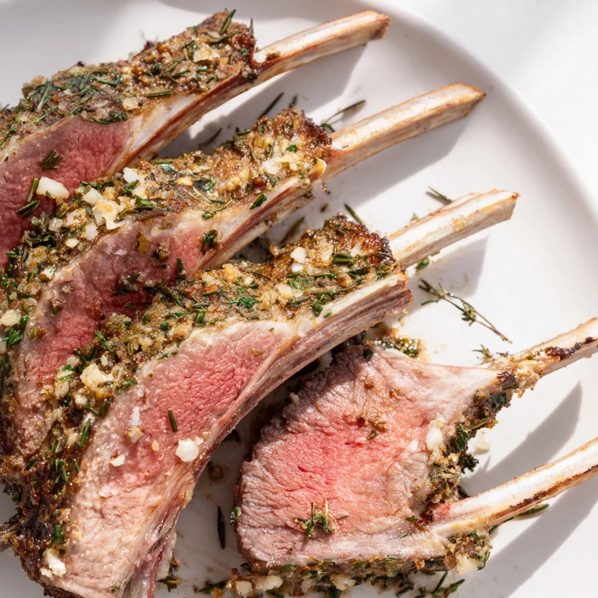 Succulent rack of lamb roasted medium-rare, garnished with fresh herbs for a rustic presentation.