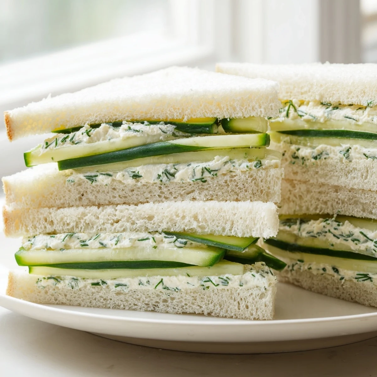 Freshly made Cucumber Sandwiches with Herb Cream Cheese displayed on a white platter, showcasing thin cucumber slices layered between soft, crustless bread.