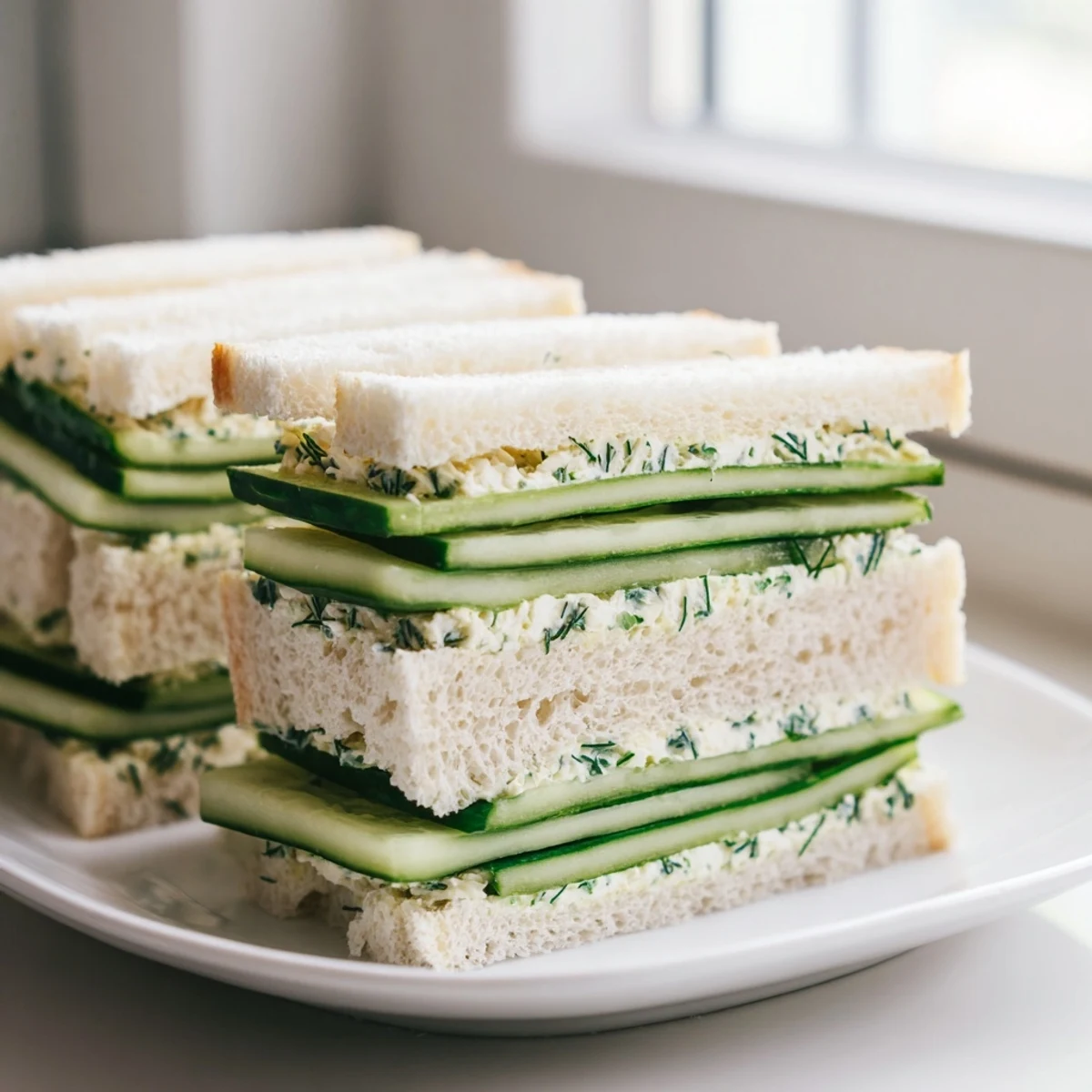 Close-up view of Cucumber Sandwiches with Herb Cream Cheese, highlighting the creamy herb spread and crisp, overlapping cucumber rounds on bread.
