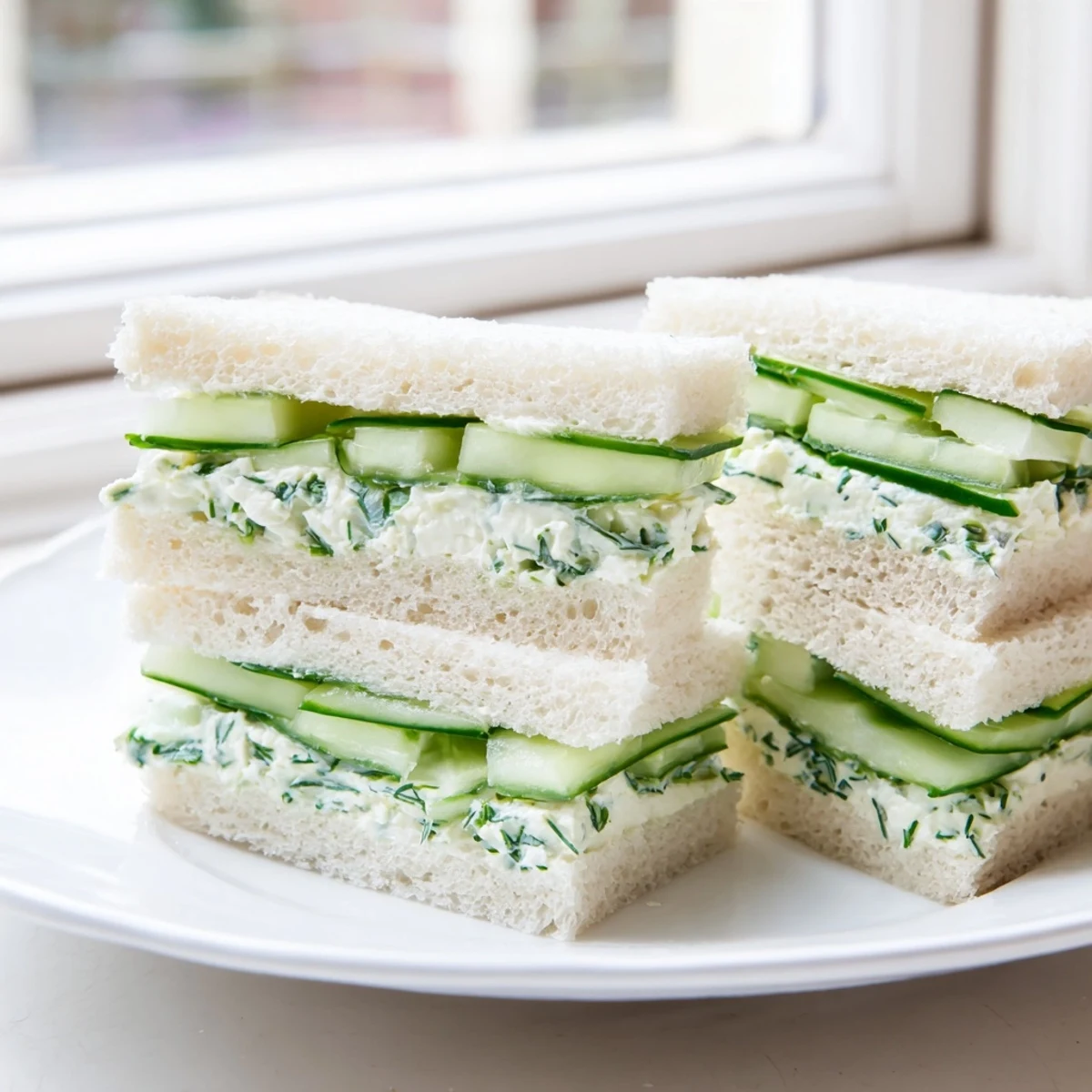 Elegant tea party platter of Cucumber Sandwiches with Herb Cream Cheese, served with fresh dill garnish and ready for an afternoon snack.