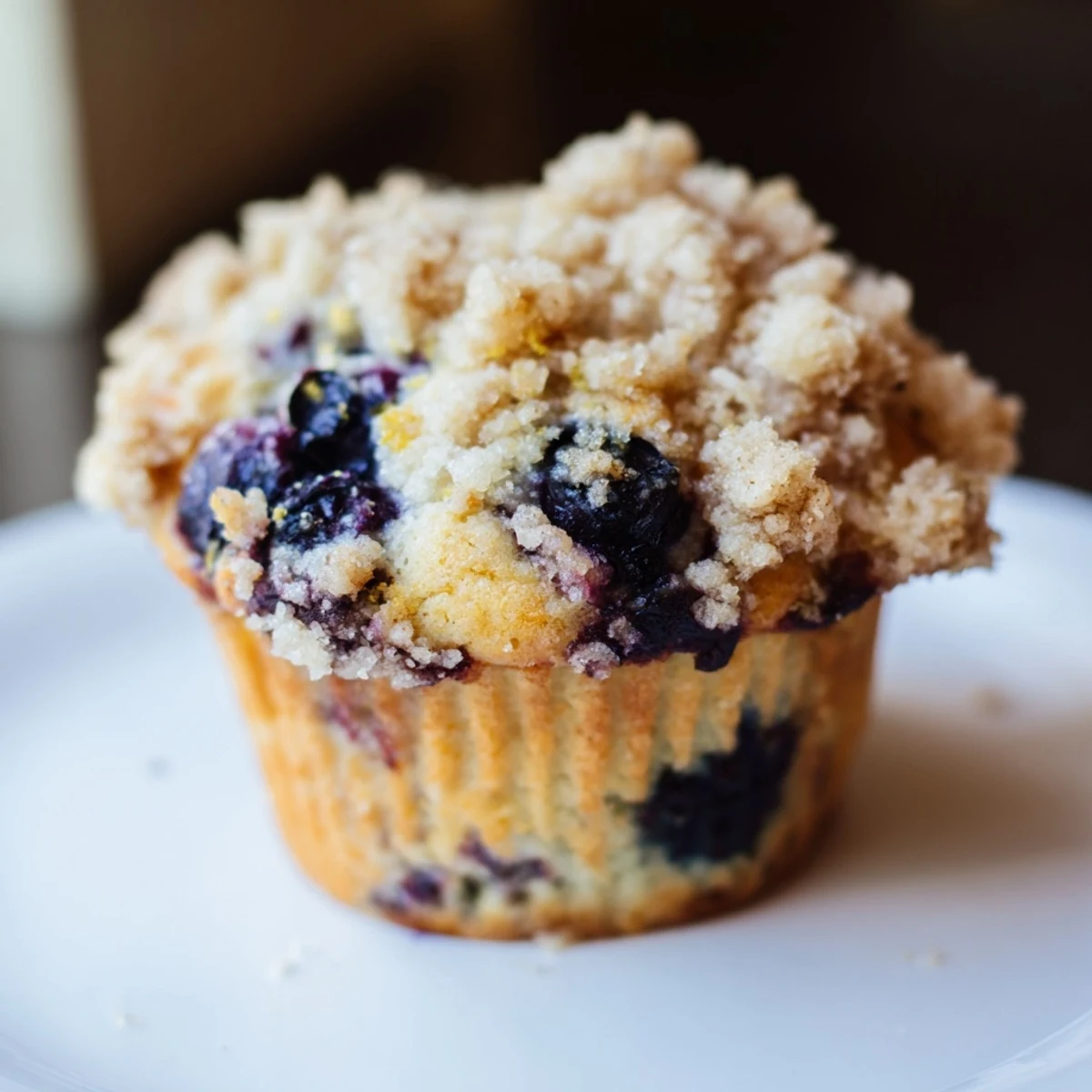 A close-up of freshly baked Lemon Blueberry Muffins with Streusel, featuring a golden crumbly top and plump blueberries nestled in moist, fluffy muffins.