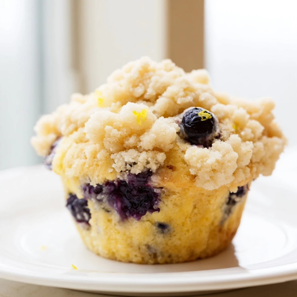 Steam rises from a warm Lemon Blueberry Muffin with Streusel, revealing a tender crumb studded with juicy blueberries and bright flecks of lemon zest.