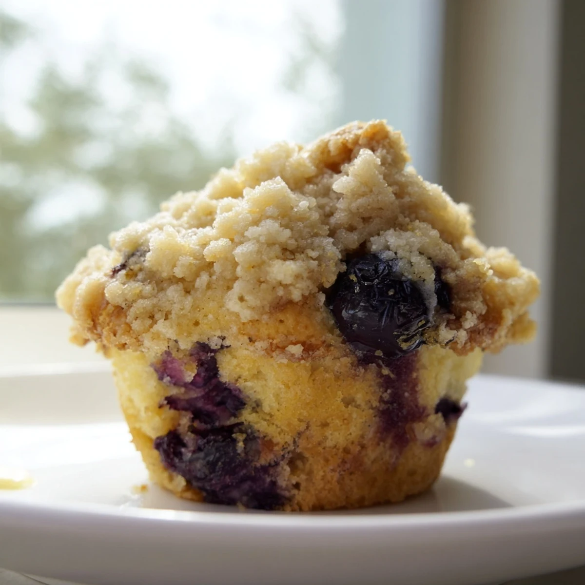 Twelve golden Lemon Blueberry Muffins with Streusel are arranged on a rustic wooden board, topped with buttery crumbles and ready to be served for breakfast.