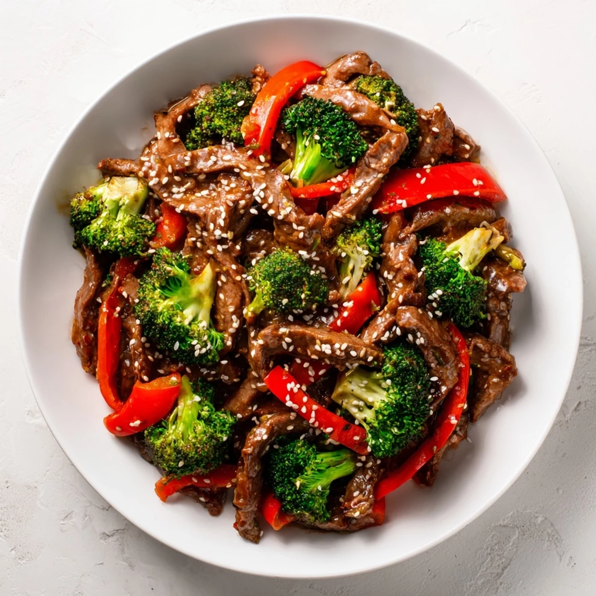 Close-up of Spicy Beef and Broccoli Stir Fry highlighting saucy beef strips and vibrant green broccoli florets.