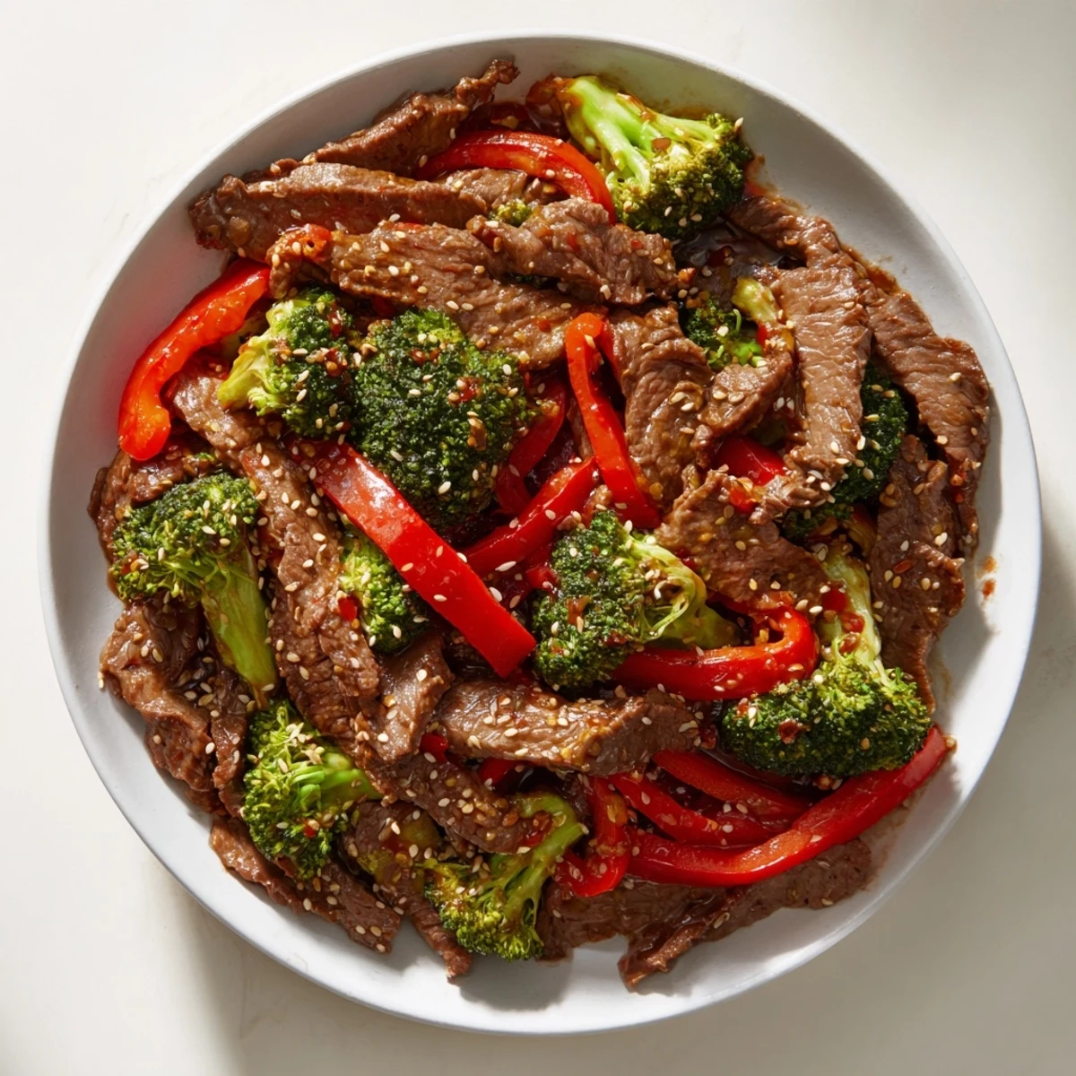 Plated Spicy Beef and Broccoli Stir Fry next to fluffy steamed rice and fresh cilantro garnish.