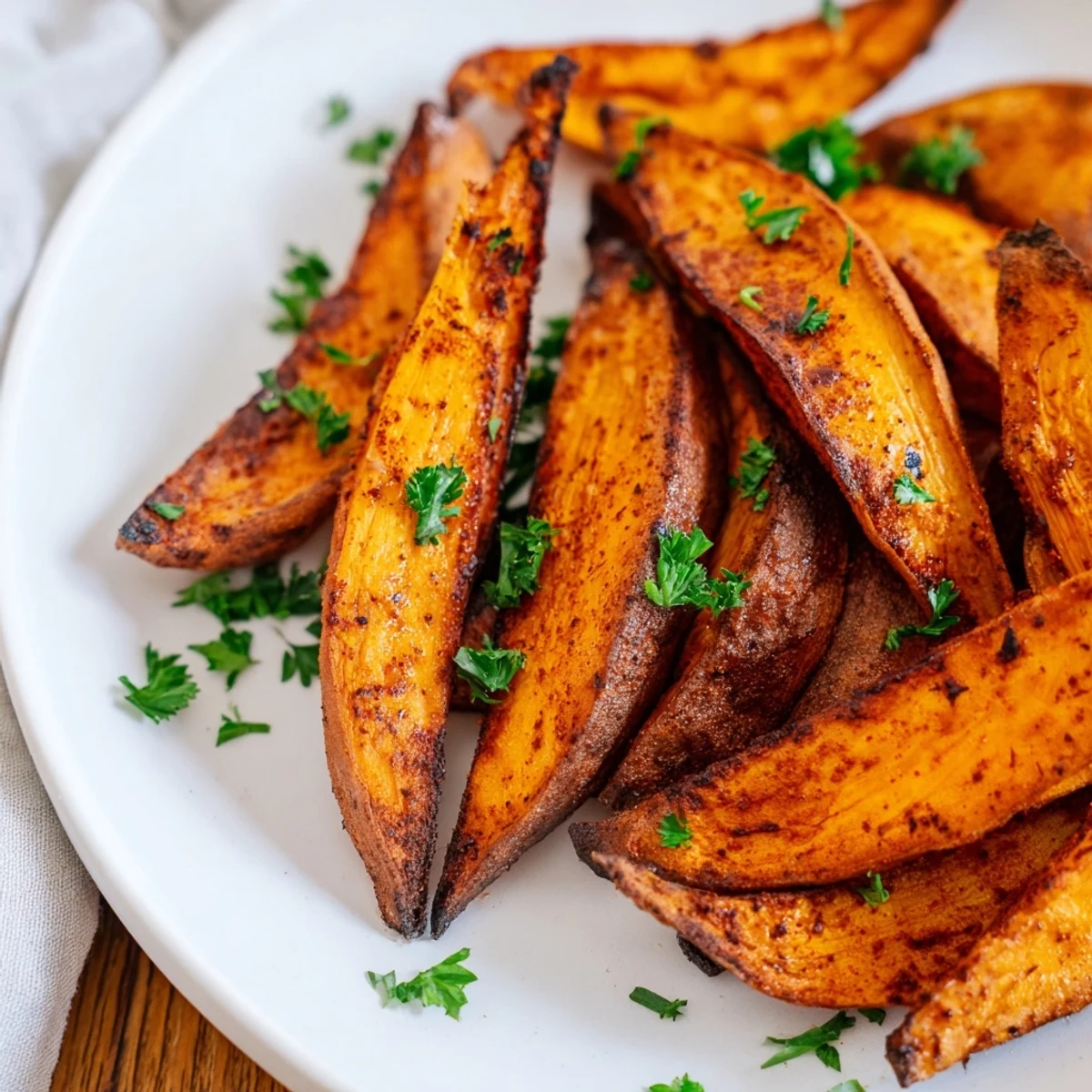Golden roasted sweet potato wedges with paprika, crispy on the edges and tender inside, served on a platter with fresh parsley and lemon wedges.  