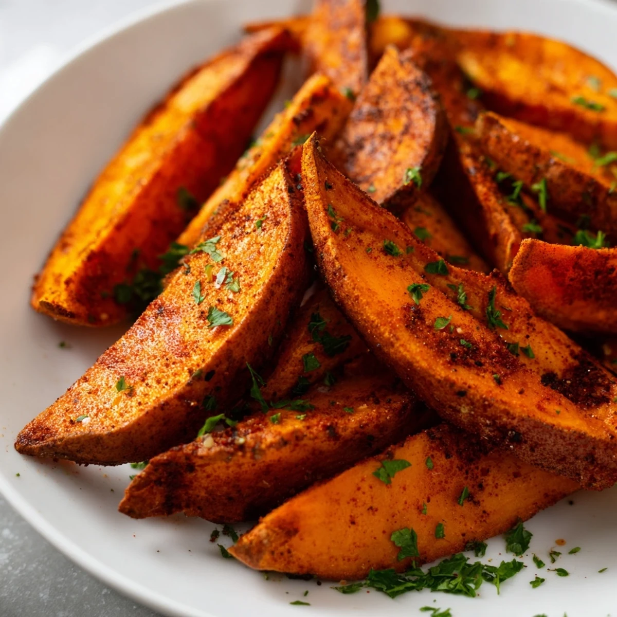 A close-up of sweet potato wedges seasoned with smoked paprika, glistening with olive oil and ready to be served as a healthy side dish.  