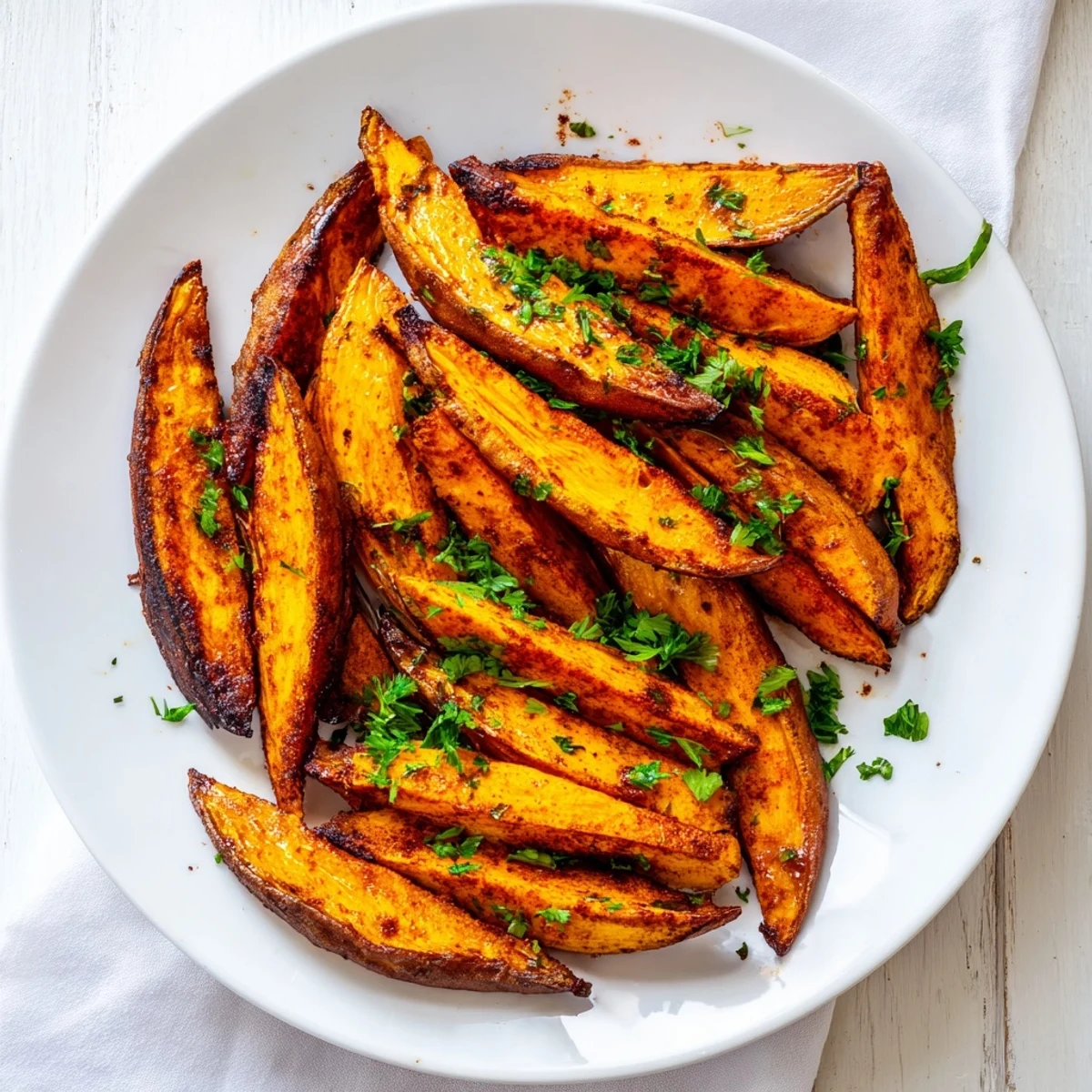 These vegetarian roasted sweet potato wedges with paprika, garnished with fresh parsley, make a vibrant, gluten-free side for any dinner plate.