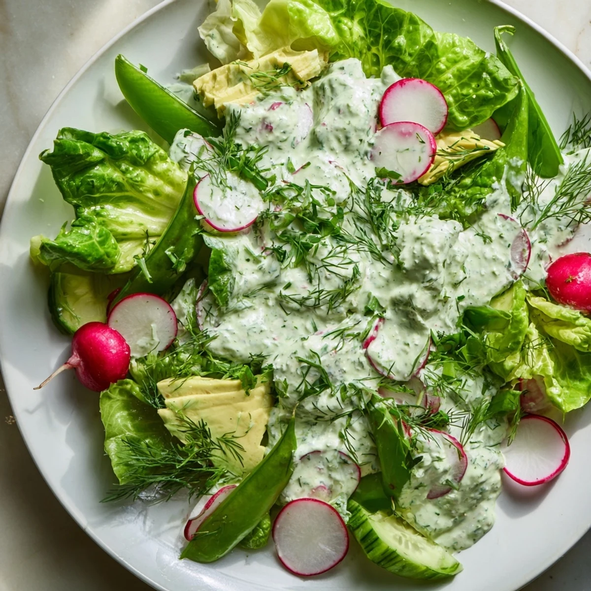 Bright Green Goddess Dressing, crunchy radishes, and snap peas top a colorful mixed greens salad for a light side.  