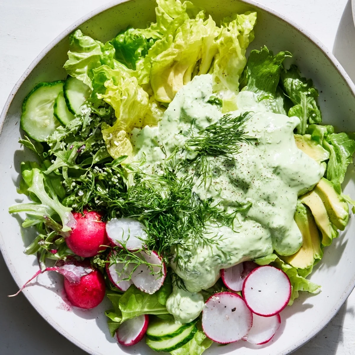 Creamy, herb-flecked Green Goddess Dressing coats crisp greens, cucumbers, and avocado in this refreshing salad.  