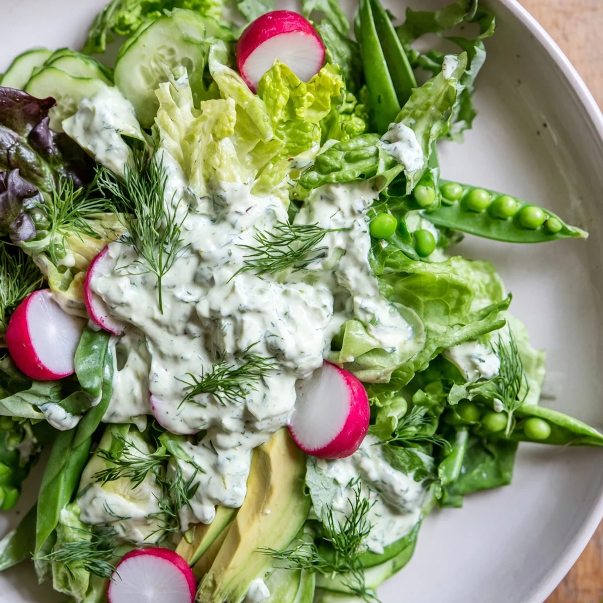 Fresh avocado and herbs garnish this vibrant Green Goddess Salad, drizzled with a creamy, tangy, herbaceous dressing.