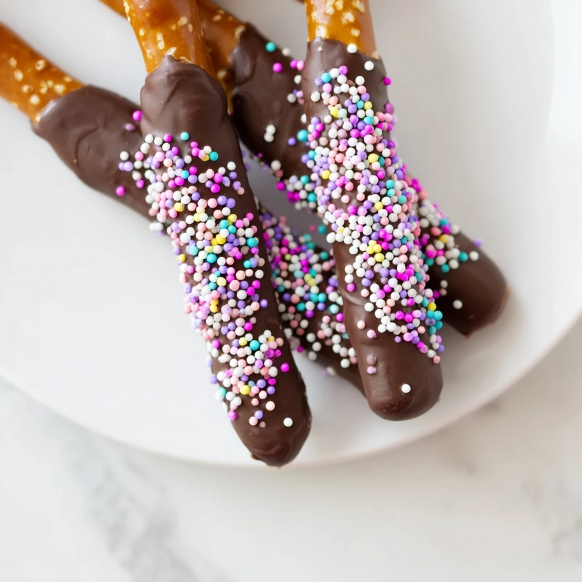 Chocolate covered pretzels with pastel sprinkles sit on a parchment-lined tray, glossy and ready to eat.