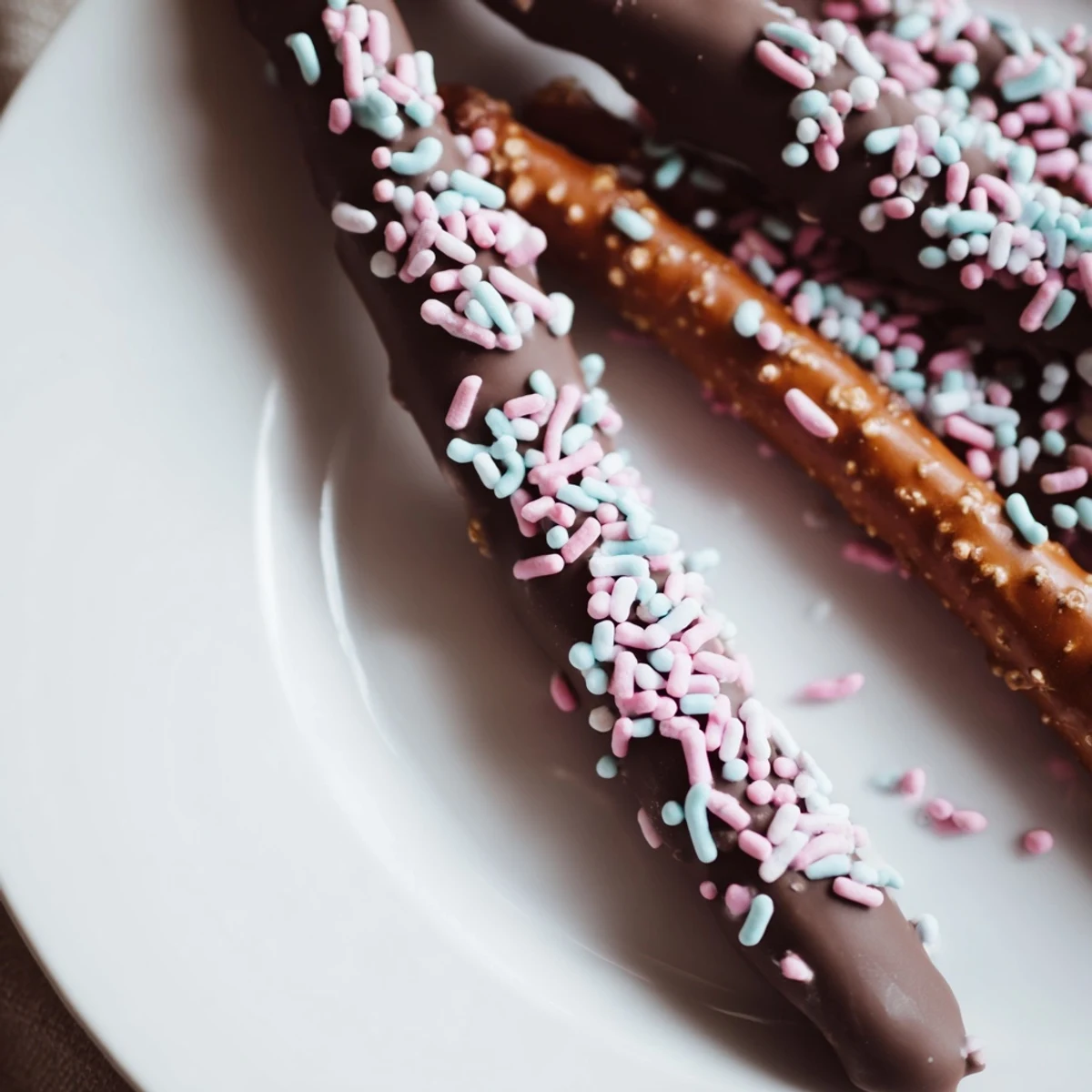 A hand holds a chocolate dipped pretzel rod topped with colorful pastel sprinkles against a bright kitchen backdrop.