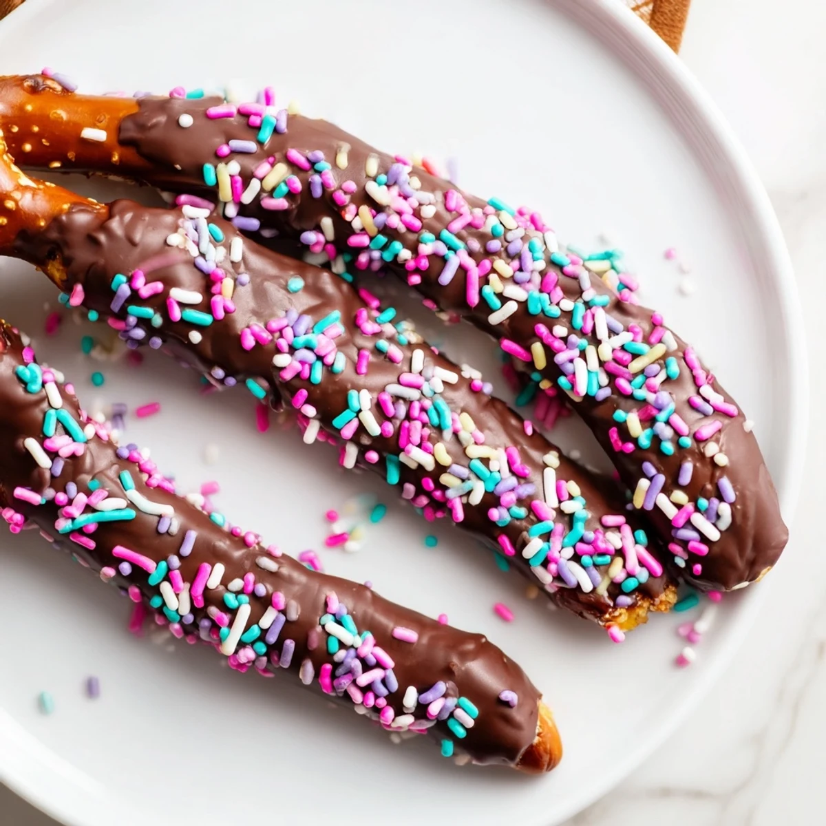 Homemade chocolate covered pretzels with pastel sprinkles arranged in a gift box, perfect for party favors.