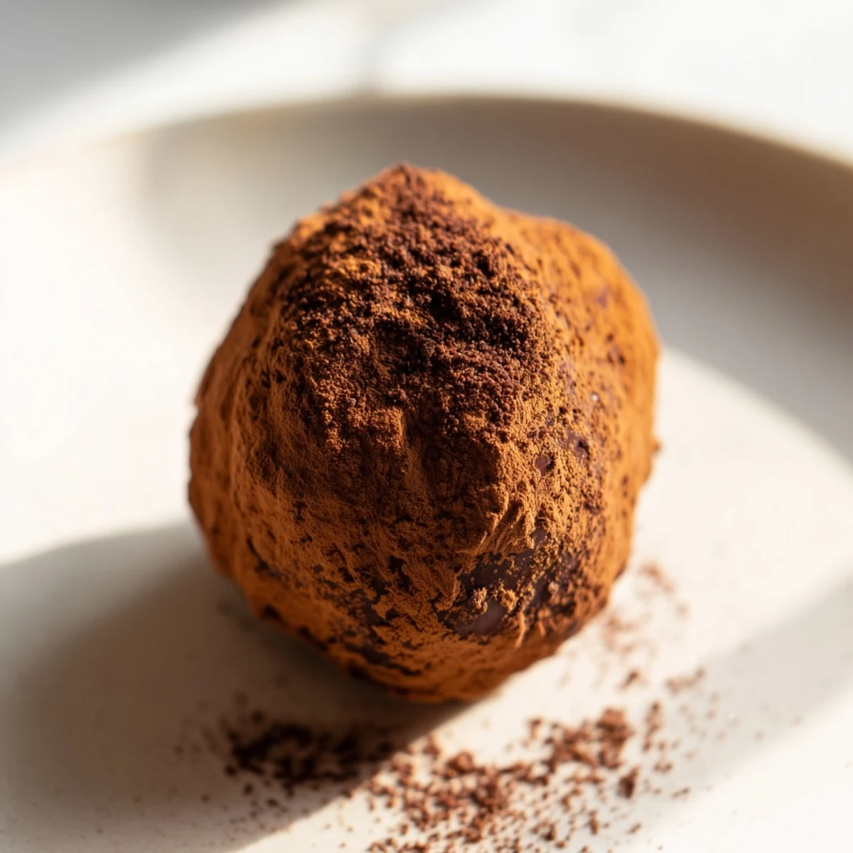 Close-up of Irish Cream Truffles on a marble counter, their glossy chocolate centers waiting to be coated in cocoa powder.