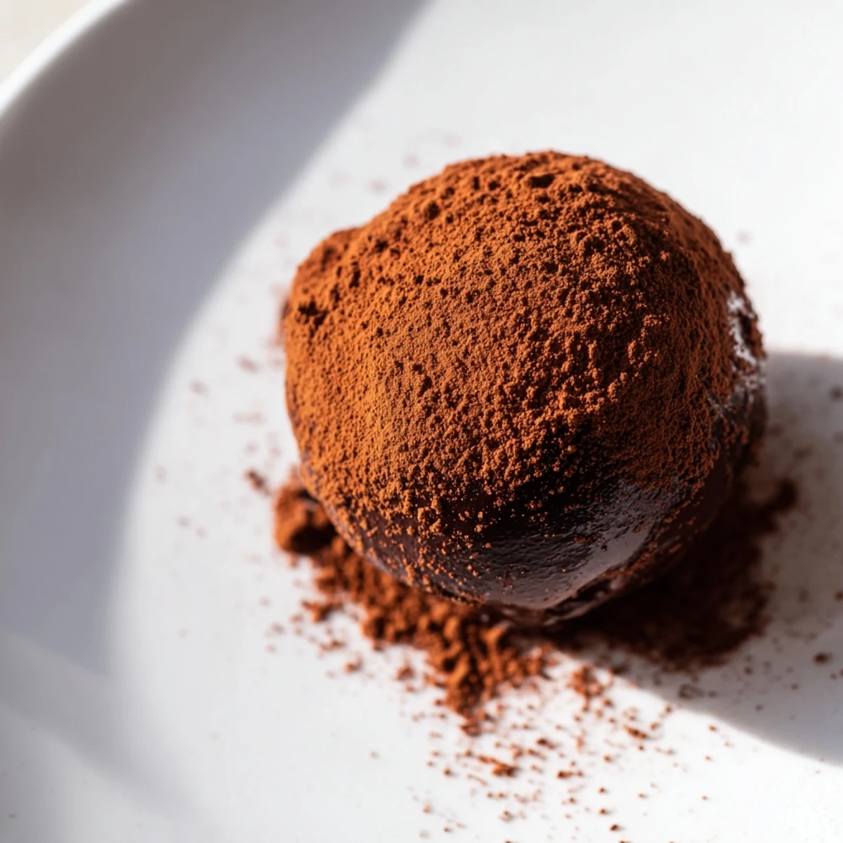 A close-up of homemade Irish Cream Truffles coated in cocoa powder, nestled on a rustic wooden board for a cozy dessert presentation.