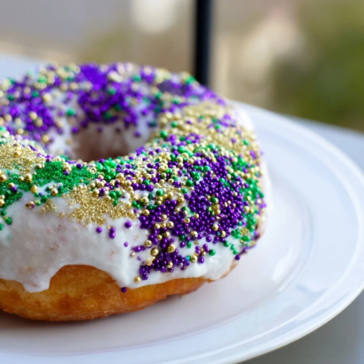 Twelve golden Mardi Gras King Cake Donuts rest on a wire rack, glistening with purple, green, and gold icing and sparkling sprinkles.