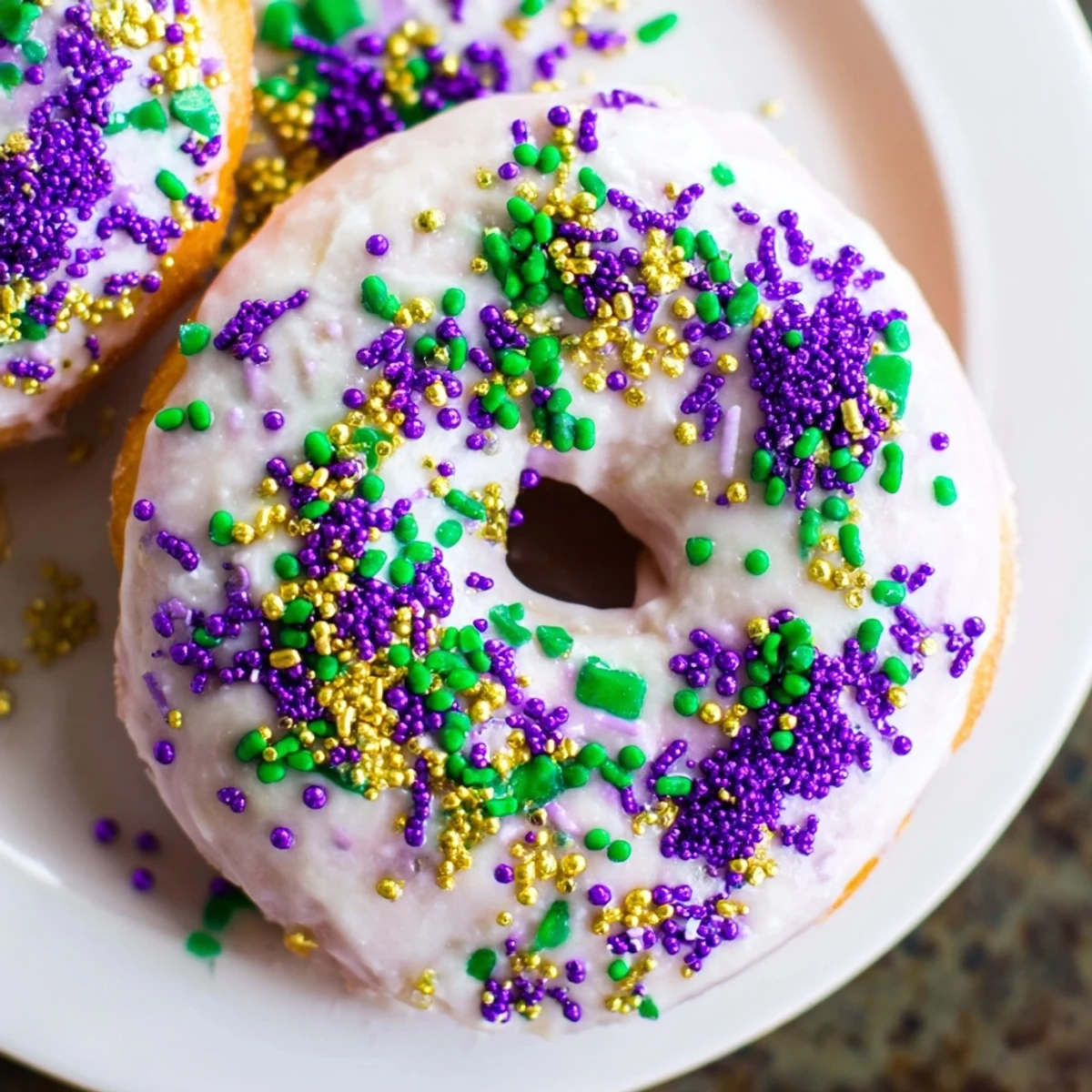 Stacked Mardi Gras King Cake Donuts are drizzled with sweet icing and dusted with festive colors, ready to serve with coffee.