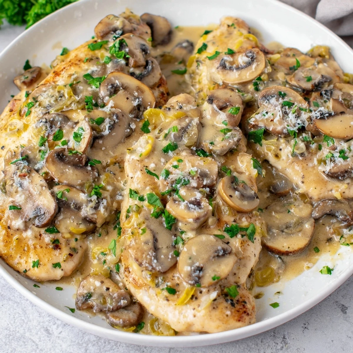 Golden-brown seared chicken breasts bathed in a creamy garlic mushroom sauce, served over fettuccine pasta.  