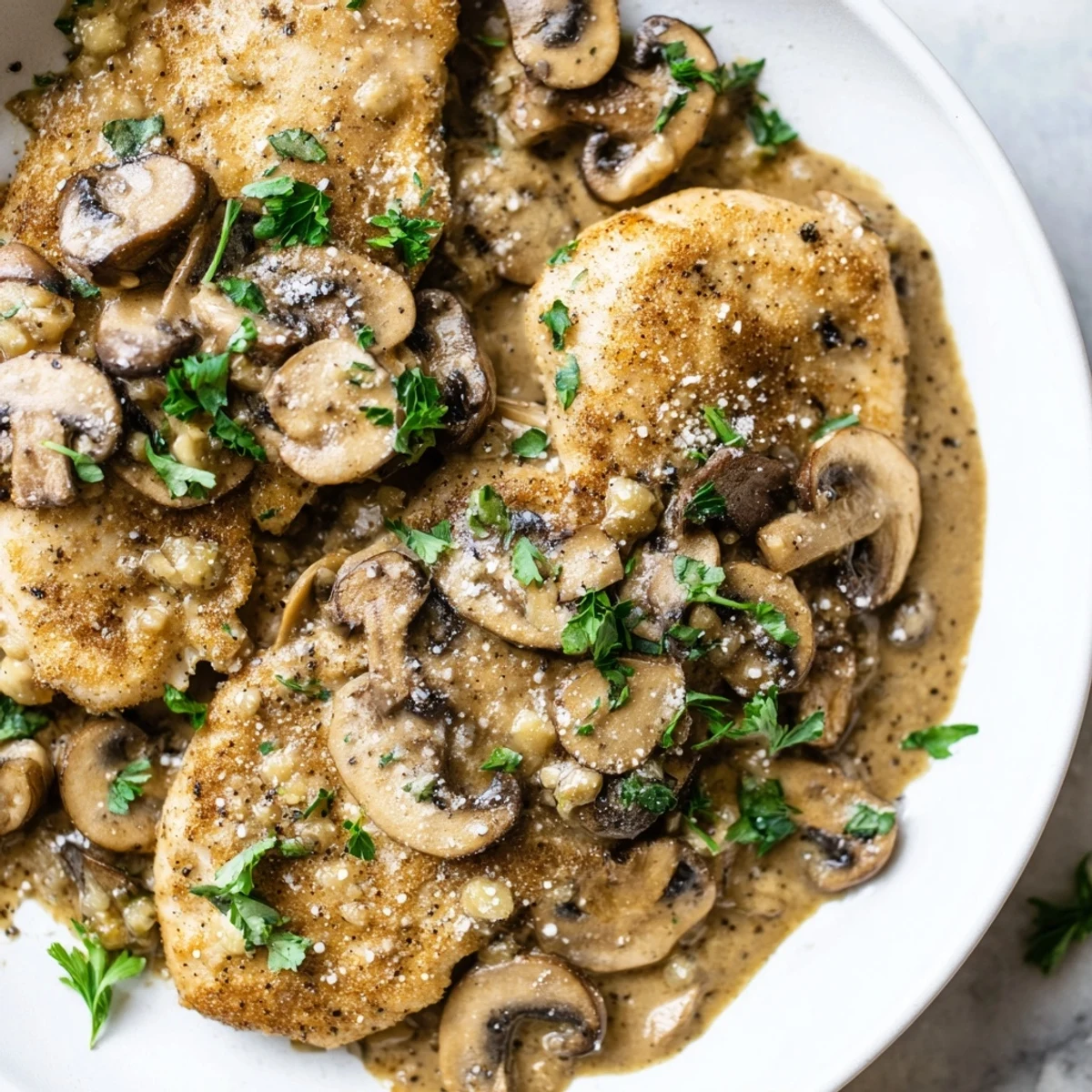 A comforting plate of Creamy Garlic Mushroom Chicken, garnished with fresh parsley and melted Parmesan.  
