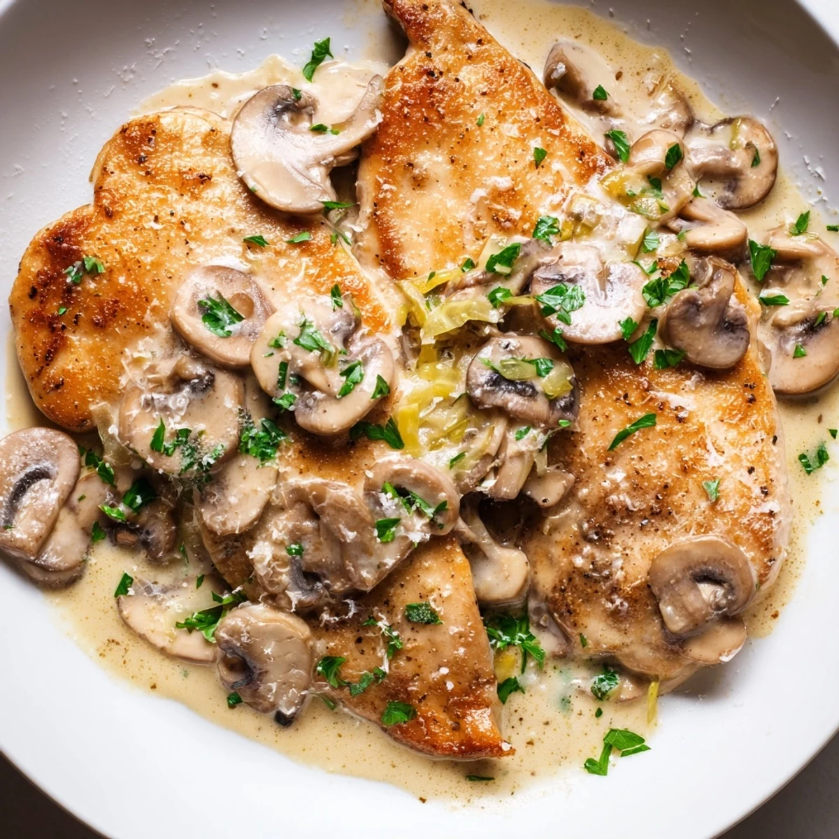 Sizzling skillet Creamy Garlic Mushroom Chicken with sliced cremini mushrooms and fragrant garlic in rich sauce.