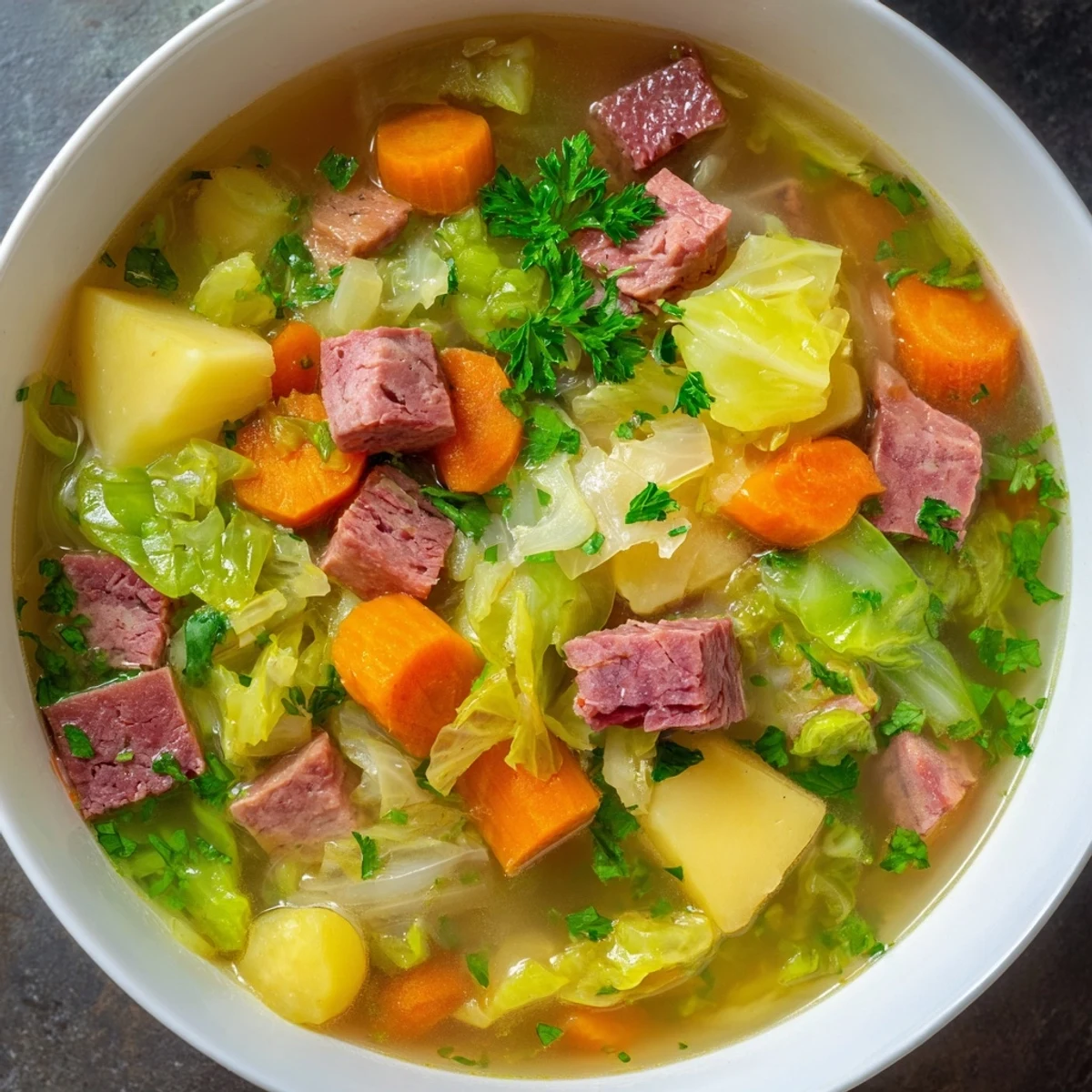 A steaming bowl of Corned Beef and Cabbage Soup showcases tender shredded beef and wilted green cabbage in a savory, amber broth.