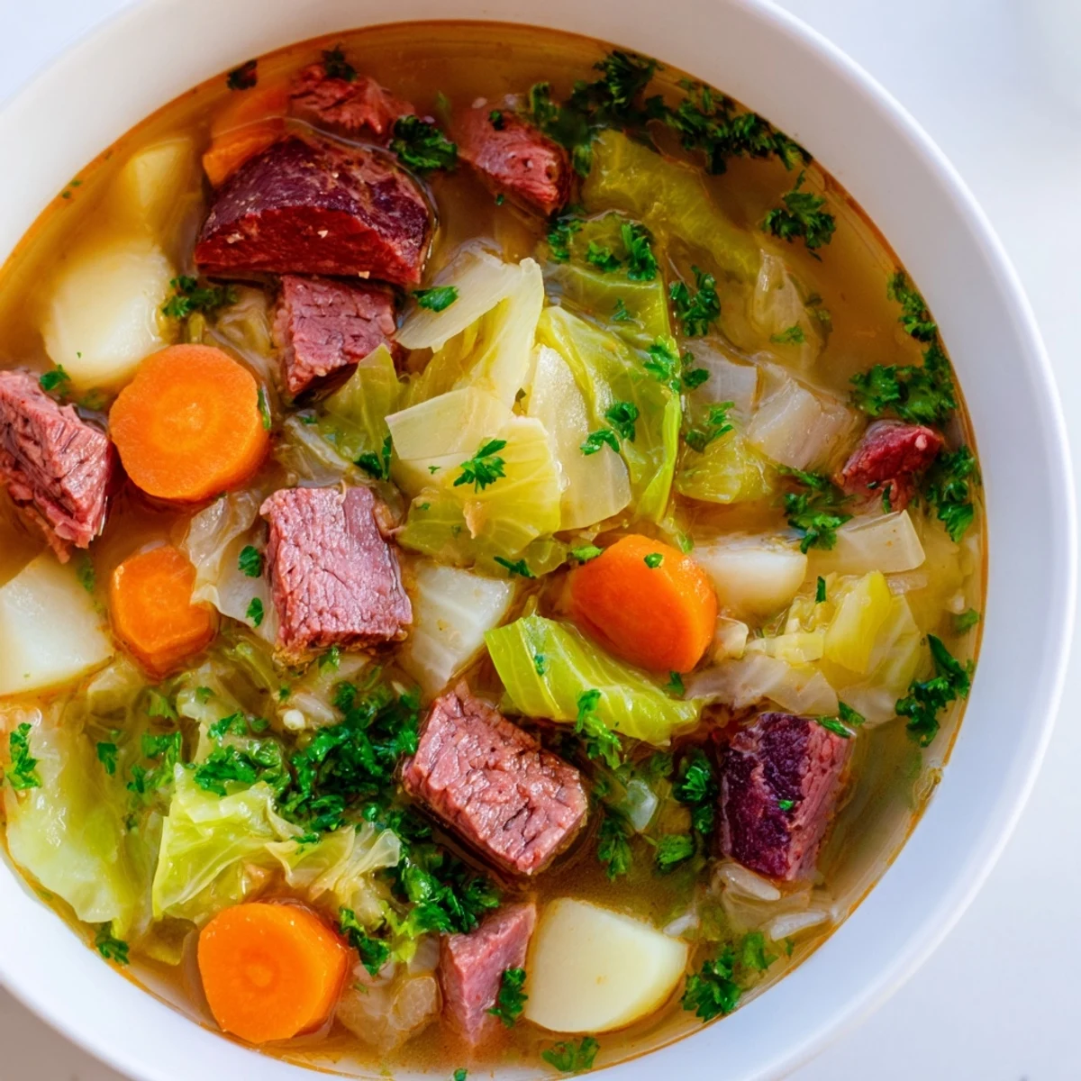 The Corned Beef and Cabbage Soup features diced potatoes, carrots, and fresh parsley, perfect for a hearty St. Patrick's Day lunch.