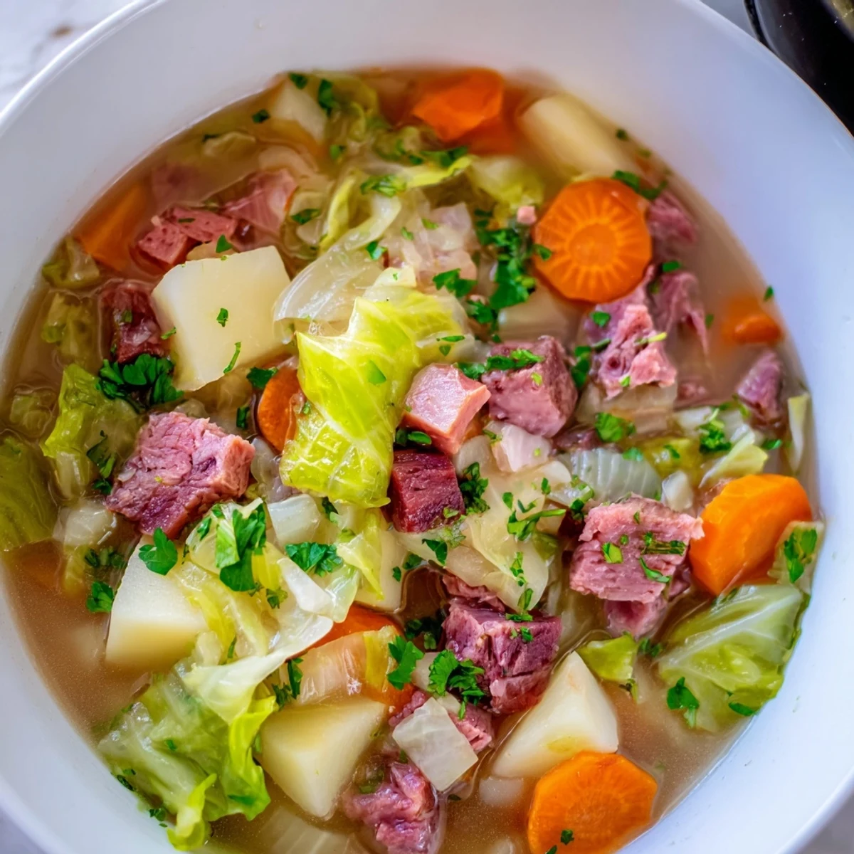 Close-up of Corned Beef and Cabbage Soup with rustic bread, highlighting the rich broth and colorful vegetables in a cozy setting.