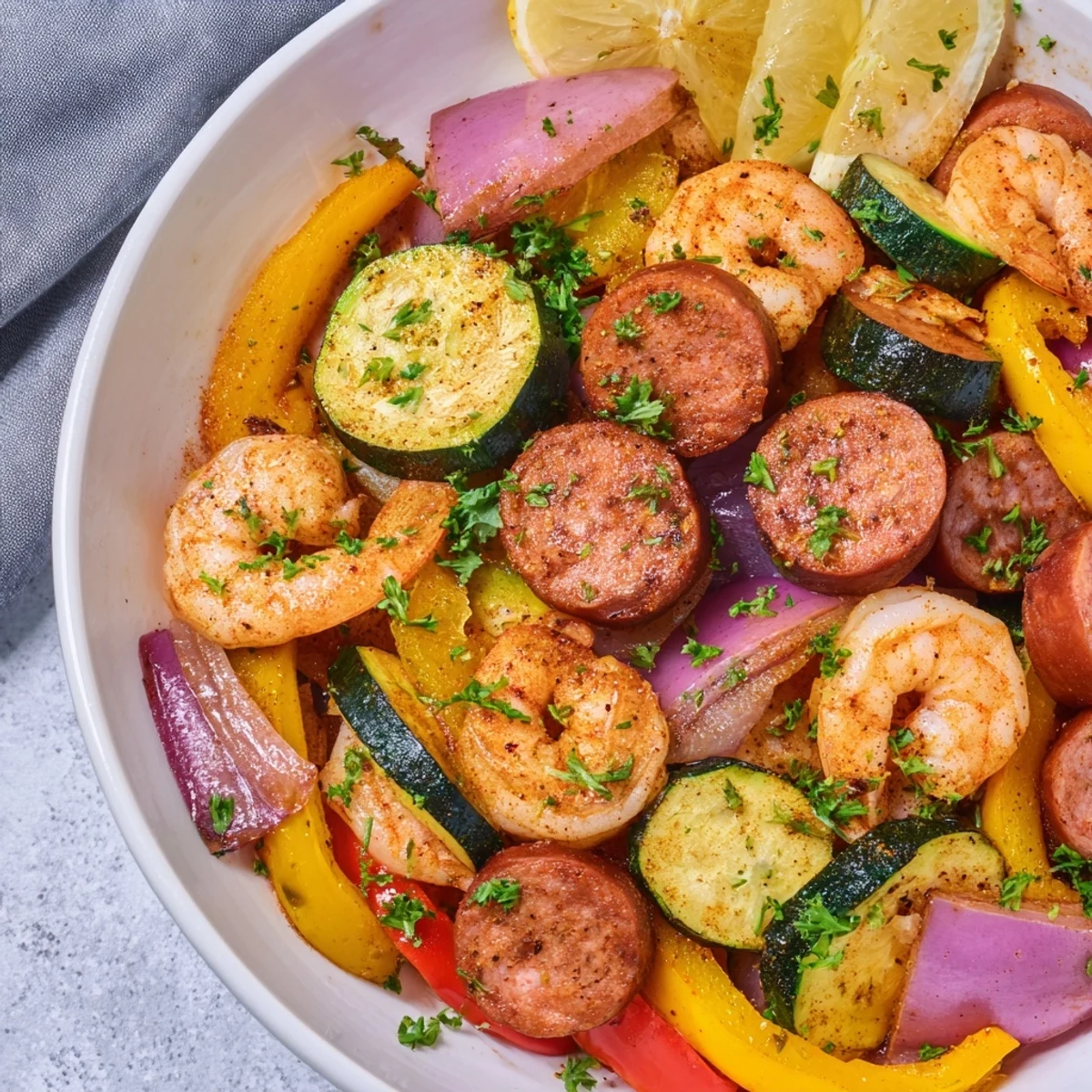 Sizzling Cajun Shrimp and Sausage Skillet with colorful peppers and zucchini, garnished with fresh parsley and lemon wedges.