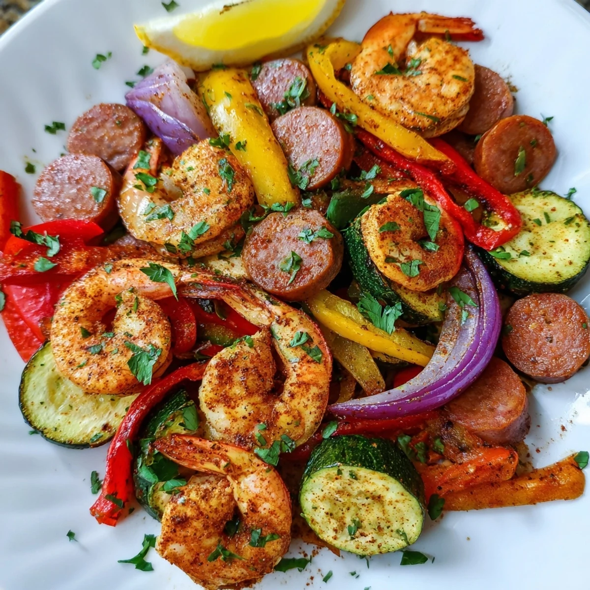 A vibrant one-pan Cajun Shrimp and Sausage Skillet featuring plump shrimp and smoky sausage with tender, crisp vegetables.